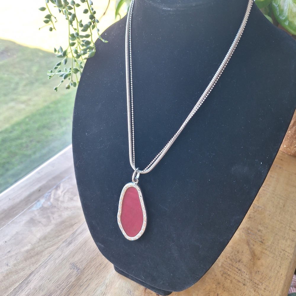 Elegant Silver‎ Tone Snake Chain Necklace with Red Oval Gemstone Pendant
